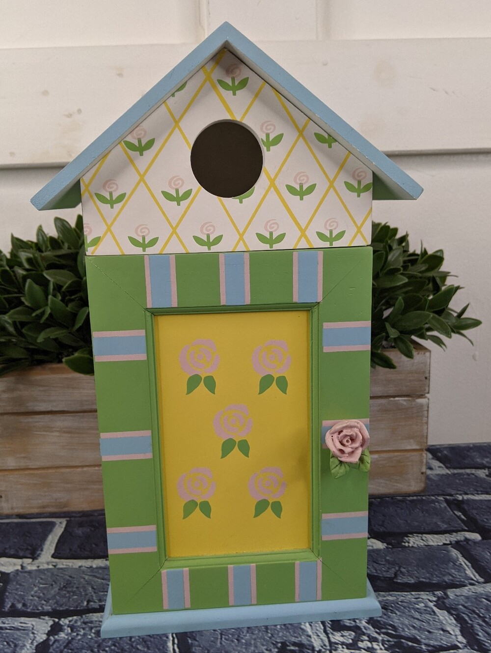 Wooden Birdhouse Cabinet Shelf – Hand Painted Cottagecore Decor